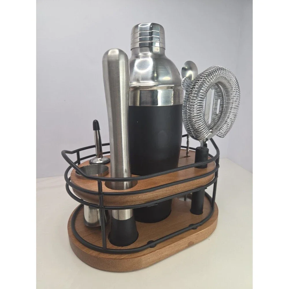 Home Hero Bartender Kit 10-Piece Cocktail Shaker Liquor Cabinet Set Wood Stand